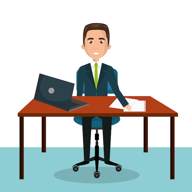 Vector cartoon man worker on computer desktop sitting