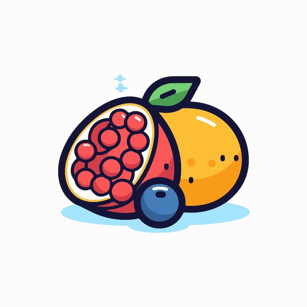 A cartoon mango and a blueberry on a white background.