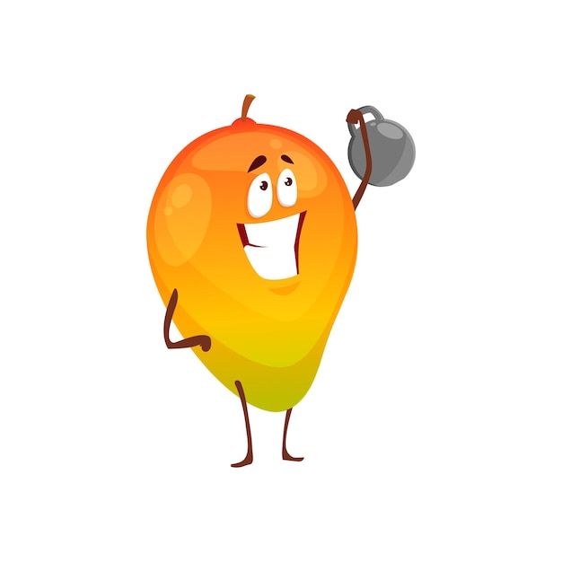 Мультфильм манго фрукты спортсмен вектор значок смешной персонаж тренировки с гантелями, делая спортивные упражнения, изолированные на белом фоне Здоровая экзотическая еда спортивный образ жизни символ органического питания