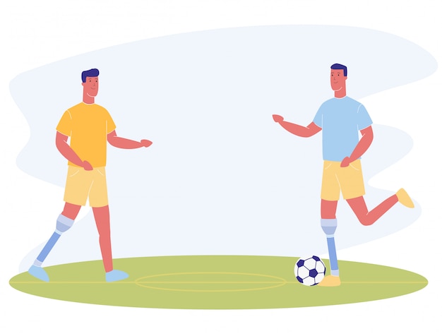 Cartoon mannen met prothetische benen voetballen