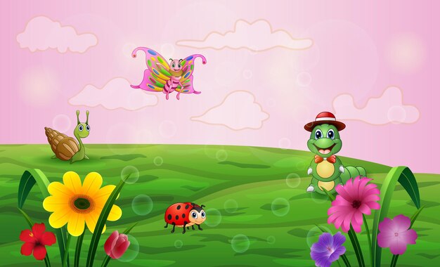 Cartoon many insect living in the green meadow