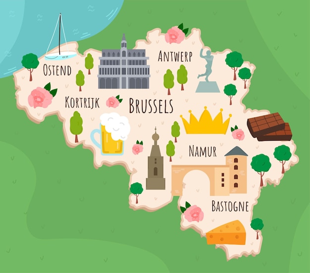 Cartoon map of Belgium Travel illustration with landmarks buildings food and plants Funny tourist infographics National symbols Famous attractions Vector illustration