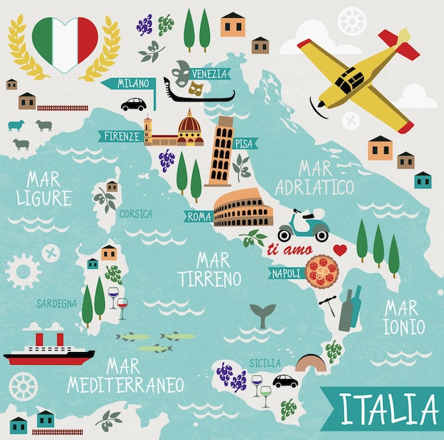 Вектор Мультфильм карта италии с достопримечательностями