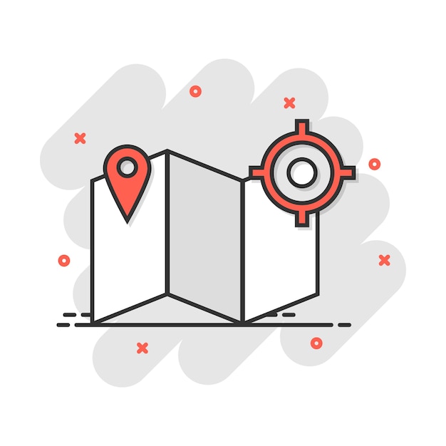 Cartoon map pin icon in comic style Location gps illustration pictogram Destination sign splash business concept