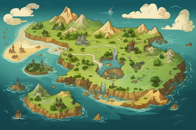 A cartoon map of a small island in the ocean