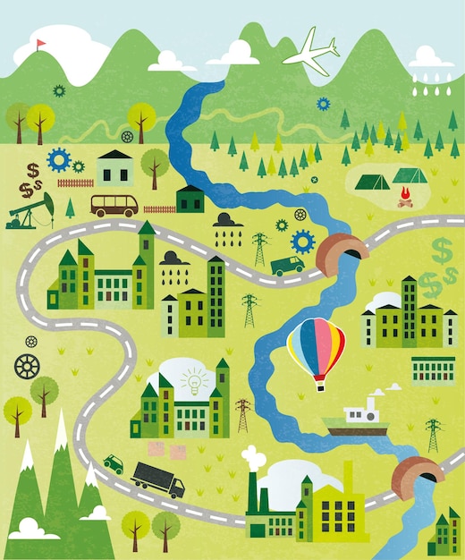 Vector cartoon map with the river