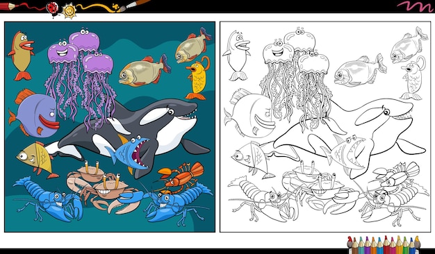 Vector cartoon marine animal characters group coloring page