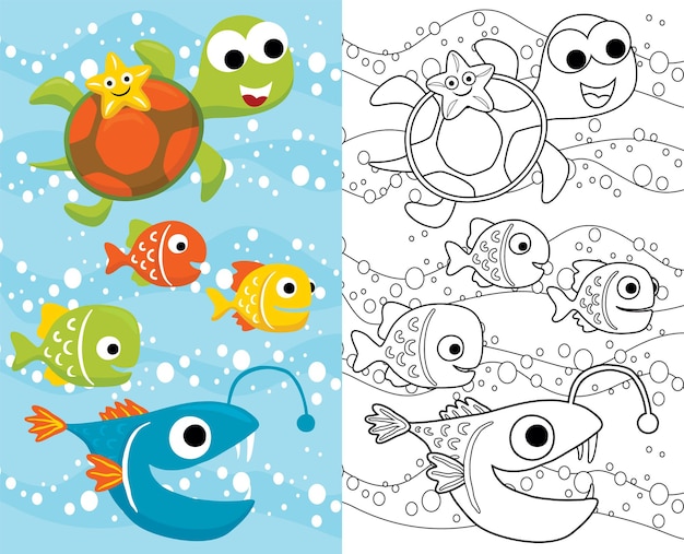 Cartoon of marine animals, starfish on turtle's back with colorful fishes underwater. coloring book or page for kids