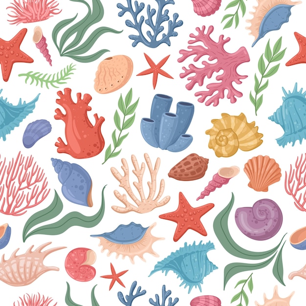 Cartoon marine sea shell starfish coral seamless pattern vector symbols background set