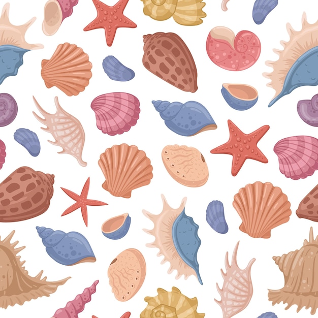 Cartoon marine sea shells starfish and corals seamless pattern vector background illustration