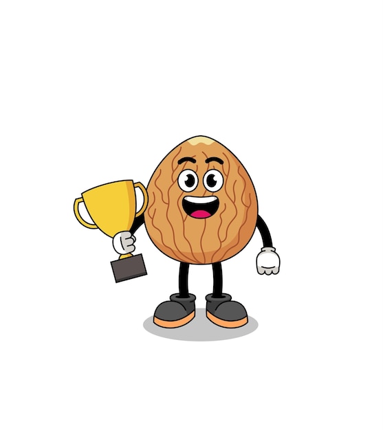 Cartoon mascot of almond holding a trophy character design