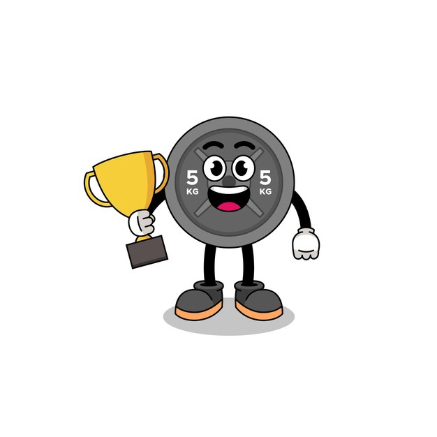 Cartoon mascot of barbell plate holding a trophy