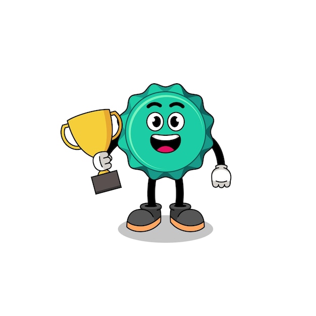 Cartoon mascot of bottle cap holding a trophy