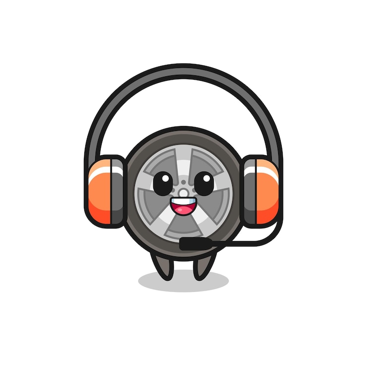 Vector カスタマーサービスとしての車のホイールの漫画のマスコット、tシャツ、ステッカー、ロゴ要素のかわいいスタイルのデザイン