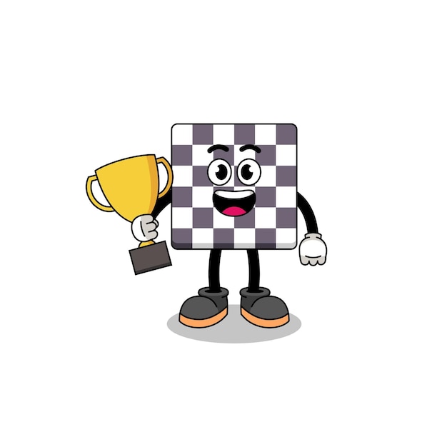 Cartoon mascot of chessboard holding a trophy character design