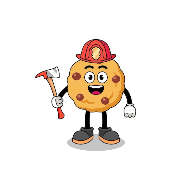 Cartoon mascot of chocolate chip cookie firefighter character design