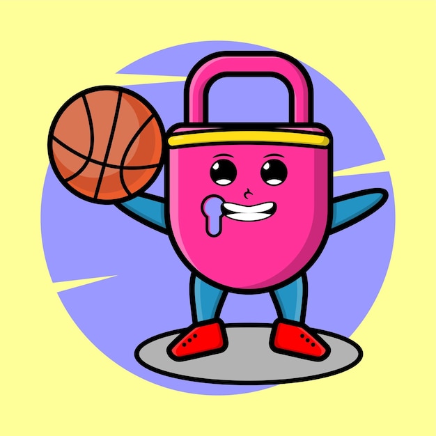 Cartoon mascot cute padlock playing basketball design for tshirt sticker logo elements