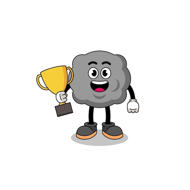 Cartoon mascot of dark cloud holding a trophy