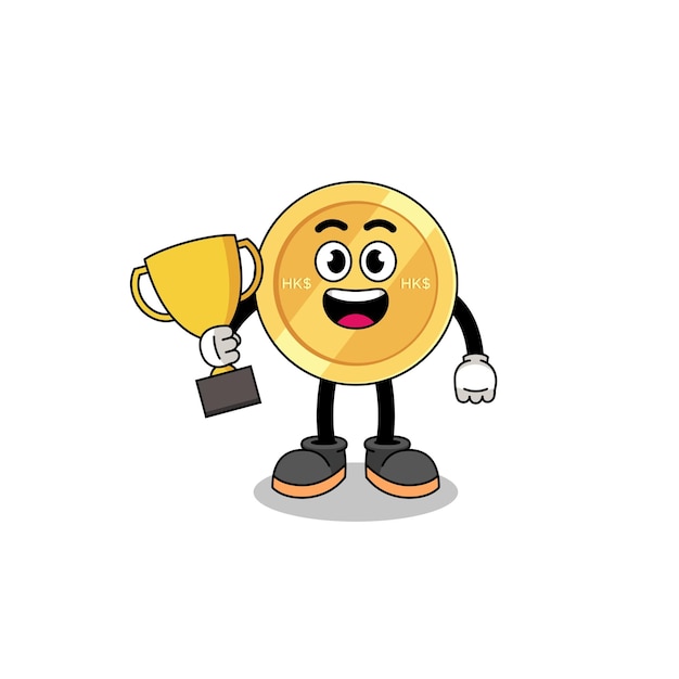 Cartoon mascot of hong kong dollar holding a trophy