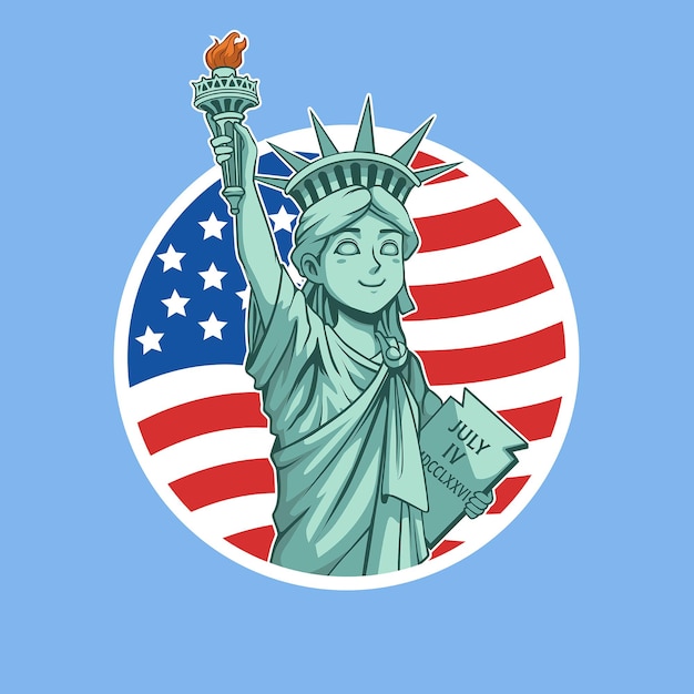 미국 국기와 함께 만화 마스코트 자유의 여신상