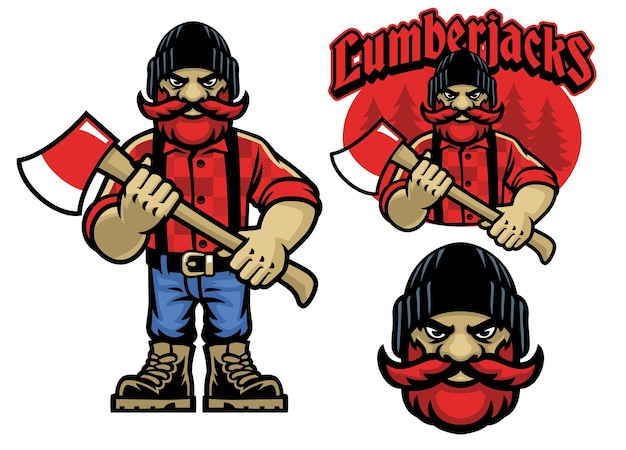 Cartoon mascot of lumberjack in bundle set