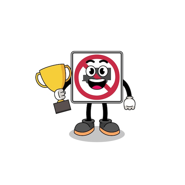 Cartoon mascot of no trucks road sign holding a trophy