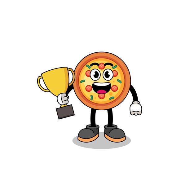 Vettore cartoon mascotte della pizza in possesso di un trofeo