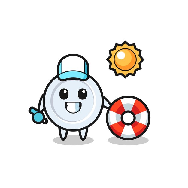 Cartoon mascot of plate as a beach guard