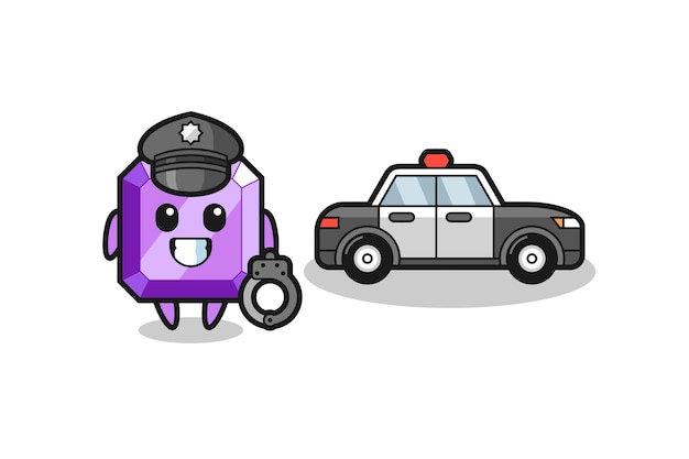 Mascotte dei cartoni animati di pietra preziosa viola come polizia, design in stile carino per maglietta, adesivo, elemento logo