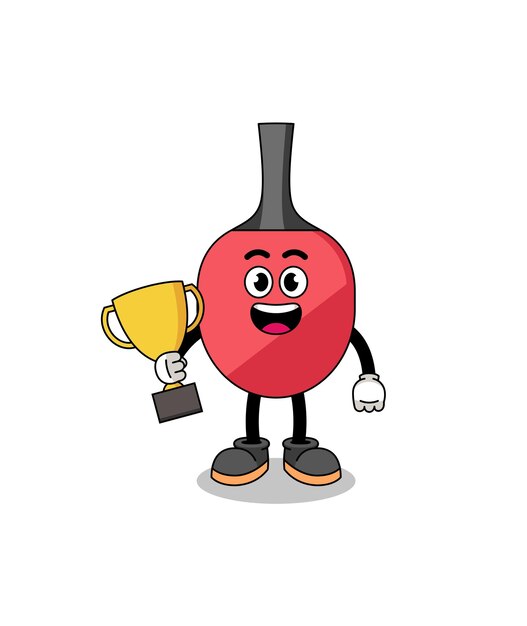 Cartoon mascotte della racchetta da ping pong in possesso di un trofeo