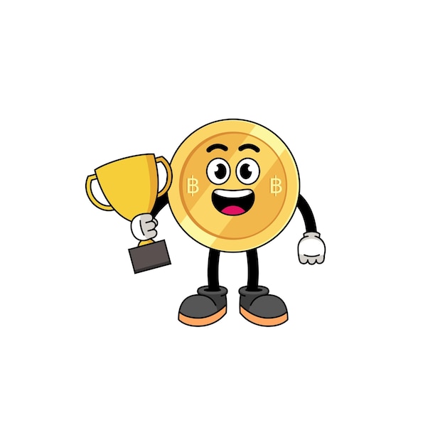 Cartoon mascot of thai baht holding a trophy