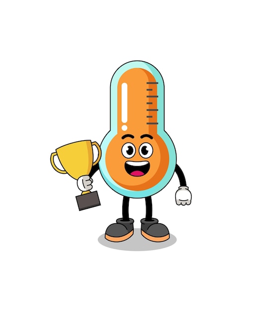 Cartoon mascot of thermometer holding a trophy