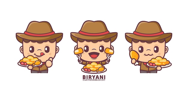 Mascotte dei cartoni animati con set biryani vettore dei cartoni animati con espressioni diverse