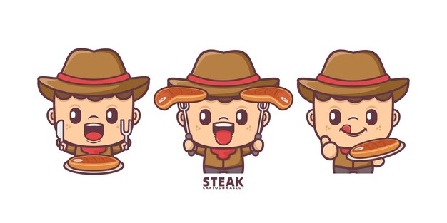 cartoon mascot with steak set cartoon vector with different expressions