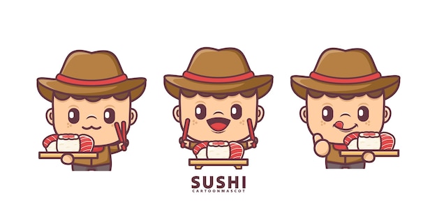 cartoon mascotte met sushi set cartoon vector met verschillende uitdrukkingen