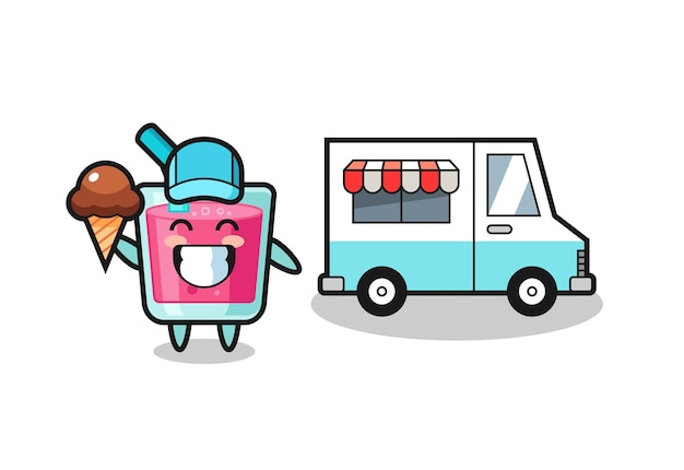 Cartoon mascotte van aardbeiensap met ijswagen