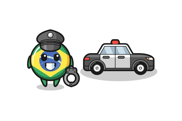 Cartoon mascotte van braziliaanse vlag badge als een politie schattig stijl ontwerp voor t-shirt sticker logo element