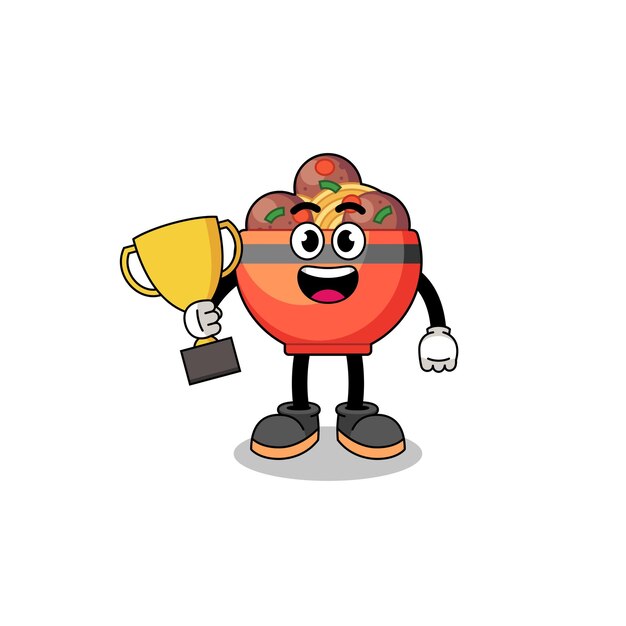 Cartoon mascotte van gehaktbal kom met een trofee