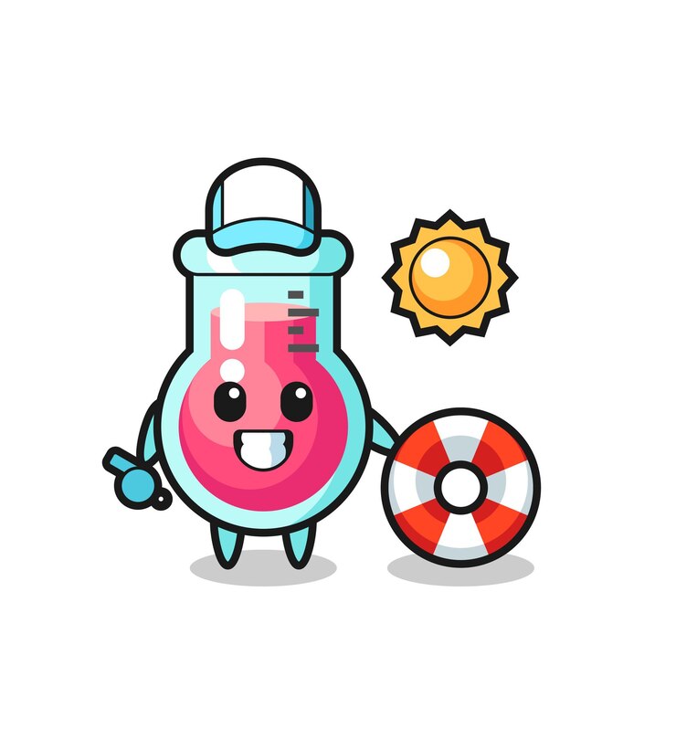 Cartoon mascotte van laboratoriumbeker als strandwacht, schattig stijlontwerp voor t-shirt, sticker, logo-element