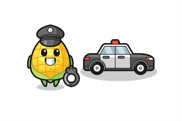Cartoon mascotte van maïs als politie, schattig stijlontwerp voor t-shirt, sticker, logo-element