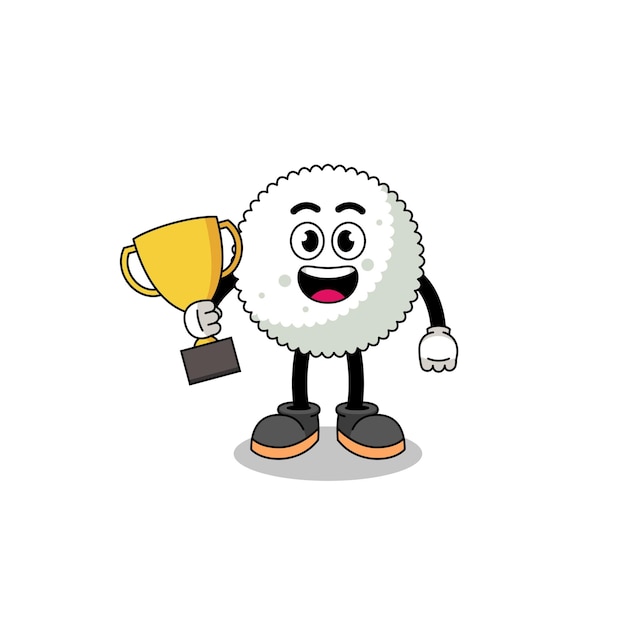 Cartoon mascotte van rijstbal met een trofee