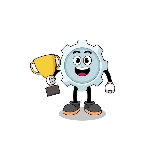 Cartoon mascotte van versnelling met een trofee