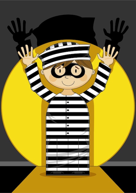 고전적인 줄무늬 감옥 유니폼을 입은 만화 가면을 쓴 죄수와 스포트라이트에서 손을 위로