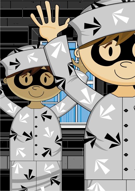 Cartoon Masked Prisoners in Classic Arrow Style Prison Uniform with Hands Up