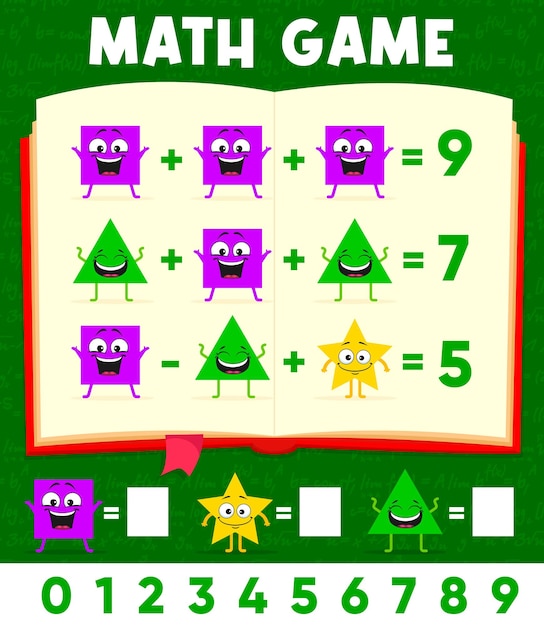 Cartoon math shape characters math game worksheet