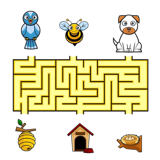 Cartoon Maze Game Education For Kids Help The Bird, The Bee And The Dog To Reach Their Home