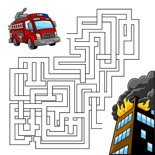 Cartoon maze gioco educazione per bambini aiuta il camion dei pompieri a raggiungere l'edificio in fiamme.