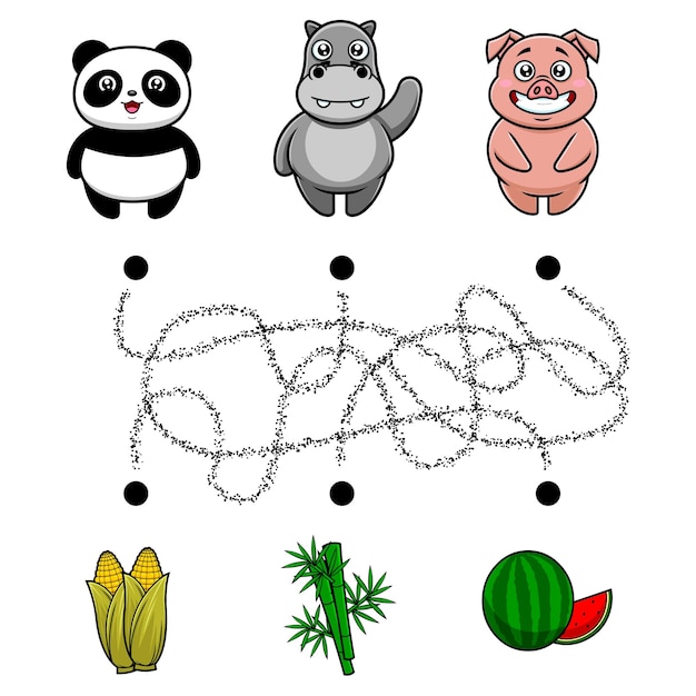 Cartoon maze game education for kids help the panda, hippo and pig get to their food