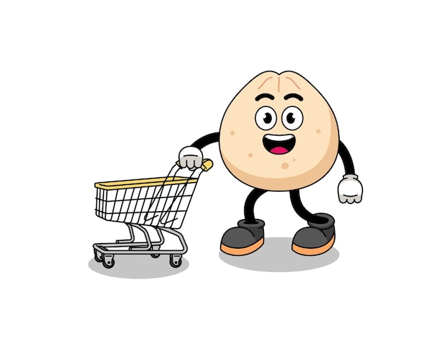 Cartoon of meat bun holding a shopping trolley character design