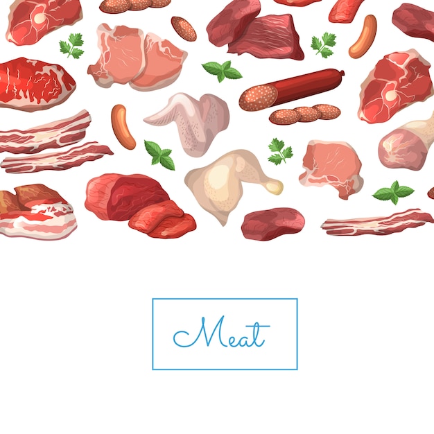 Cartoon meat pieces background illustration with place for text